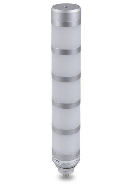 Wysoki srebrny cylindryczny sensor przemysłowy lub antena z segmentowanym półprzezroczystym korpusem i podstawą montażową na białym tle.