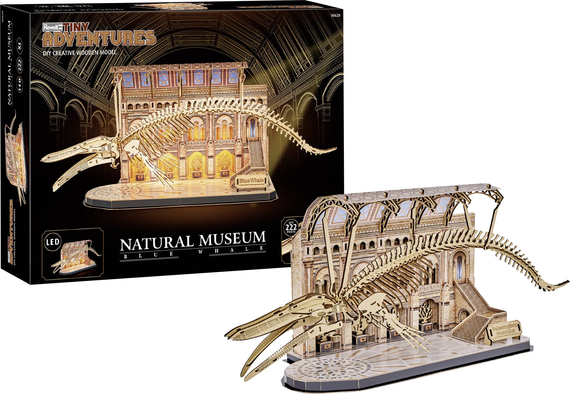 Zestaw modelu 3D sceny muzeum historii naturalnej z dużą szkieletem i podstawą wystawy, pokazany z pudełkiem produktu i złożonym modelem.
