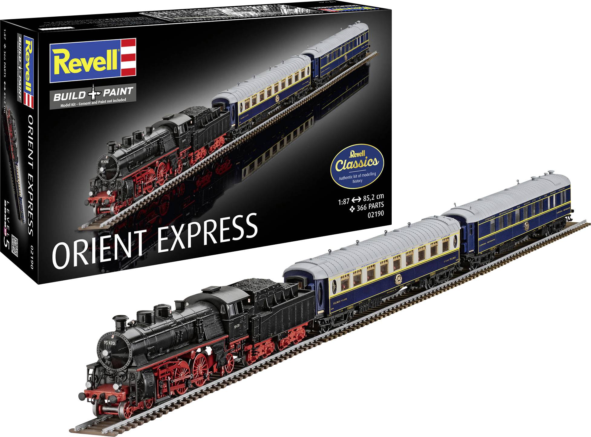 Pudełko zestawu modelarskiego Revell Orient Express przedstawiające czarną lokomotywę parową z niebieskimi wagonami pasażerskimi na torach, opisane jako 'BUILD + PAINT' i 'ORIENT EXPRESS'.