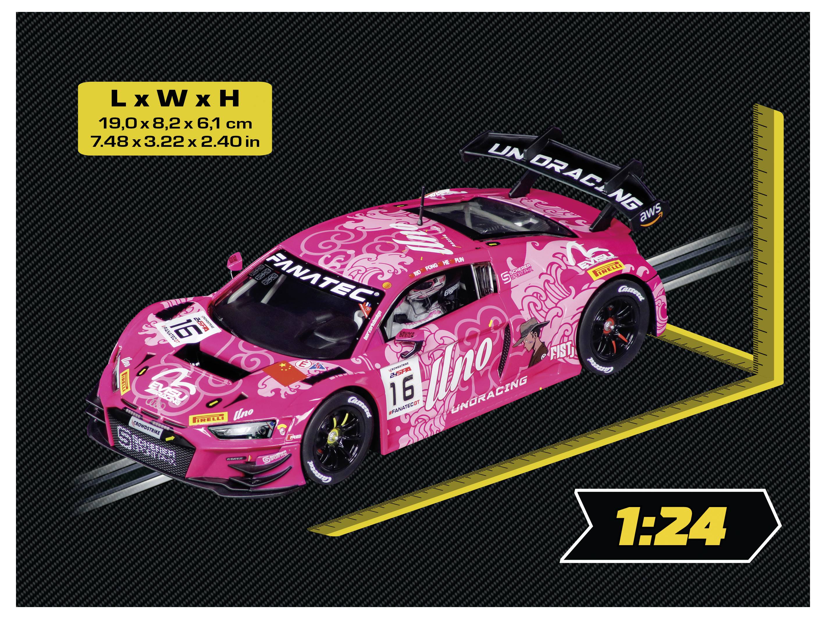 Różowy model samochodu wyścigowego w skali 1:24 pokazany w opakowaniu, z etykietą wymiarów 19,0 x 8,2 x 6,1 cm i skalą oznaczoną „1:24".