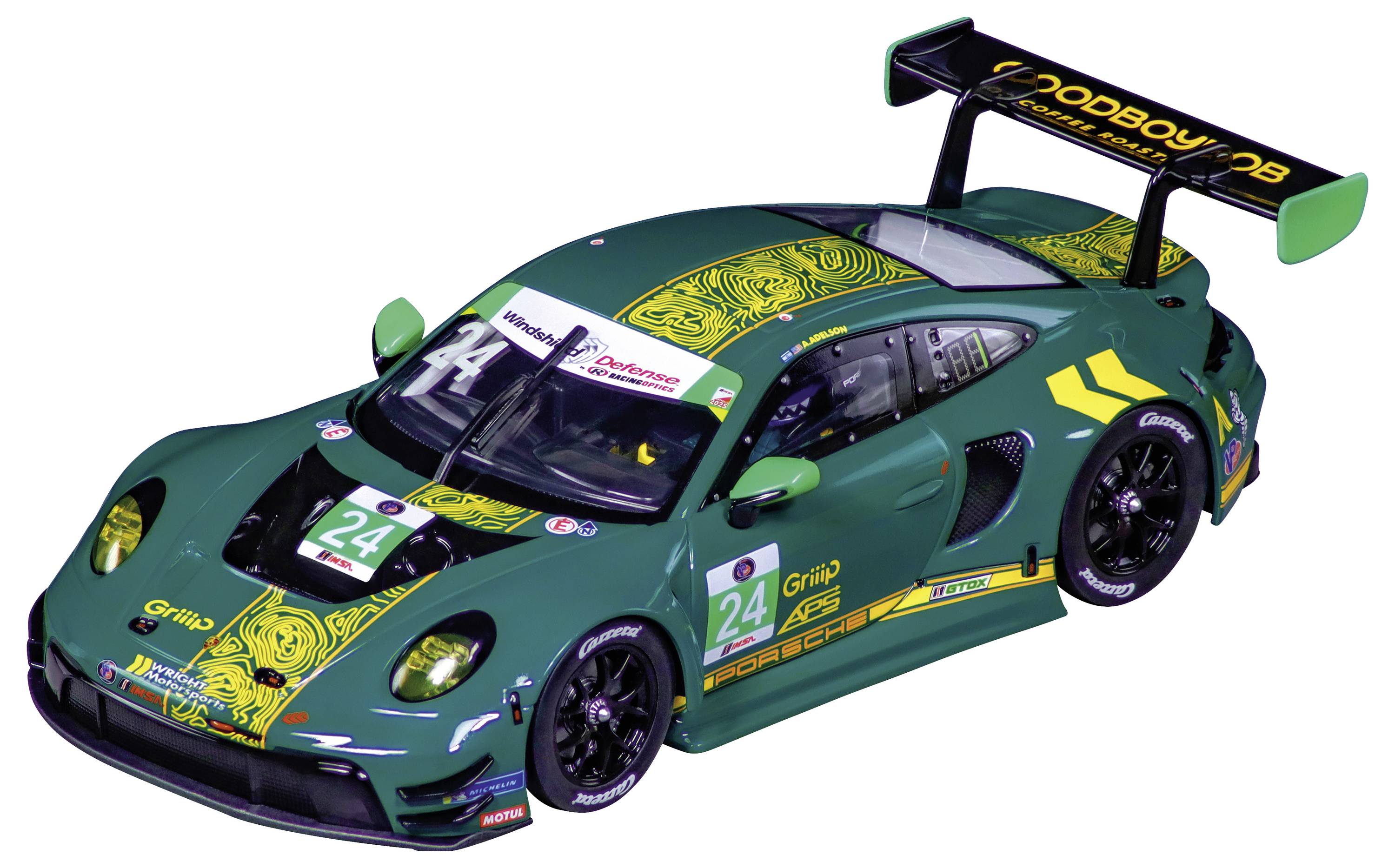 Zielony samochód wyścigowy Porsche z numerem 24, duże tylne skrzydło i naklejki sponsorów na białym tle.
