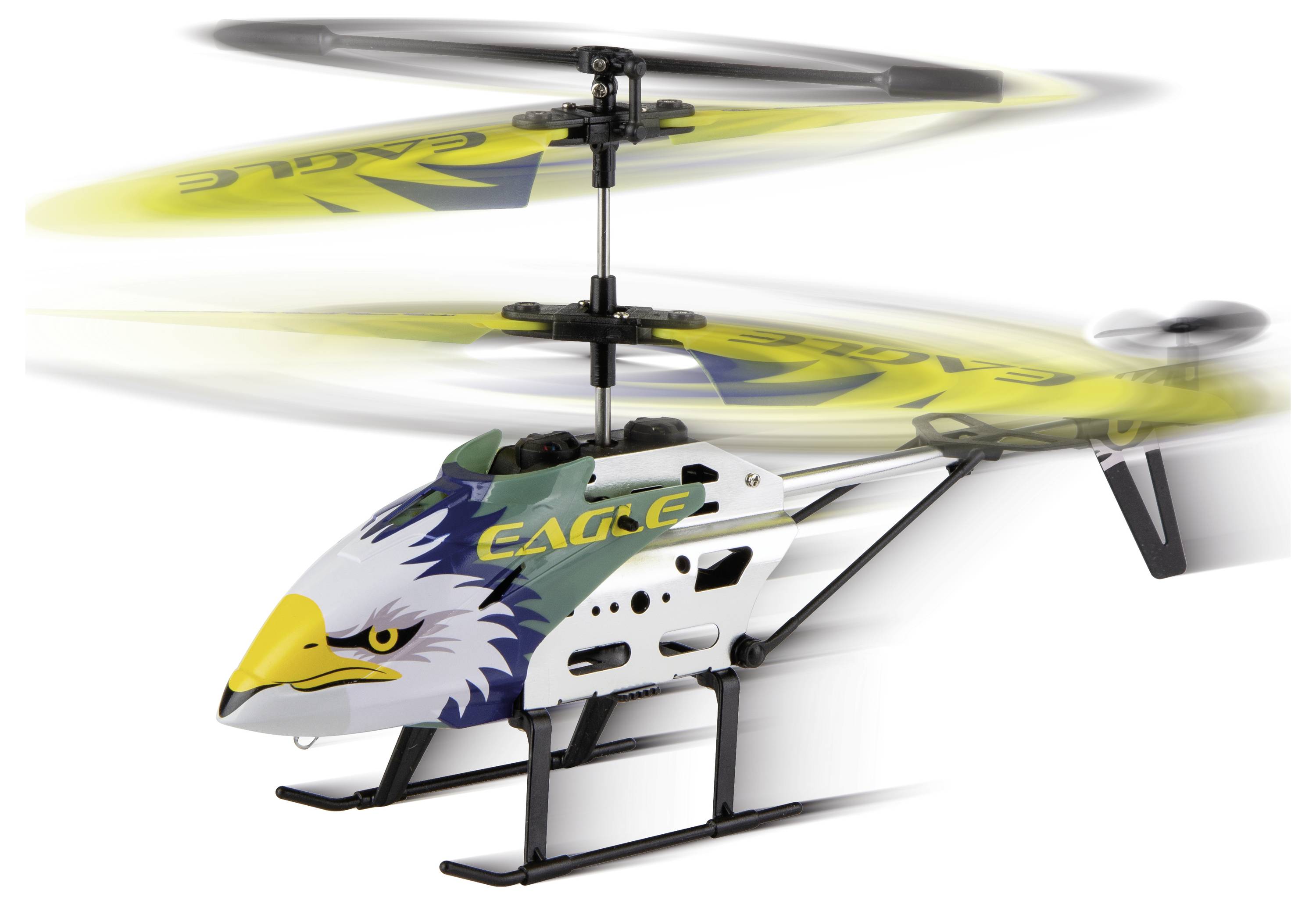 Biały, żółty i niebieski helikopter sterowany pilotem zdalnym z grafiką orła w ruchu, pokazany z wirującymi podwójnymi wirnikami na białym tle.
