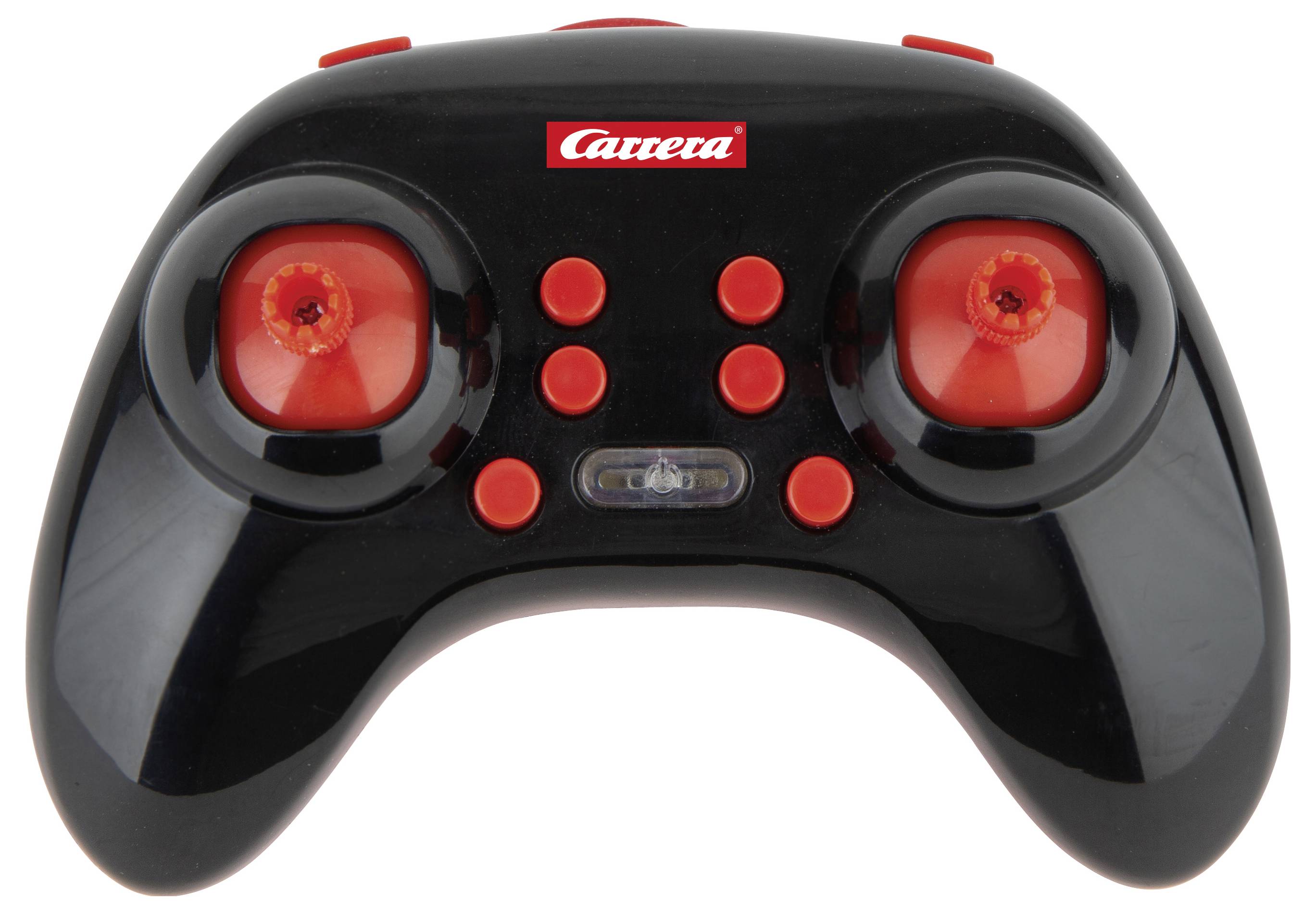 Czarny zdalny samochód Carrera z czerwonymi joystickami i przyciskami na białym tle.