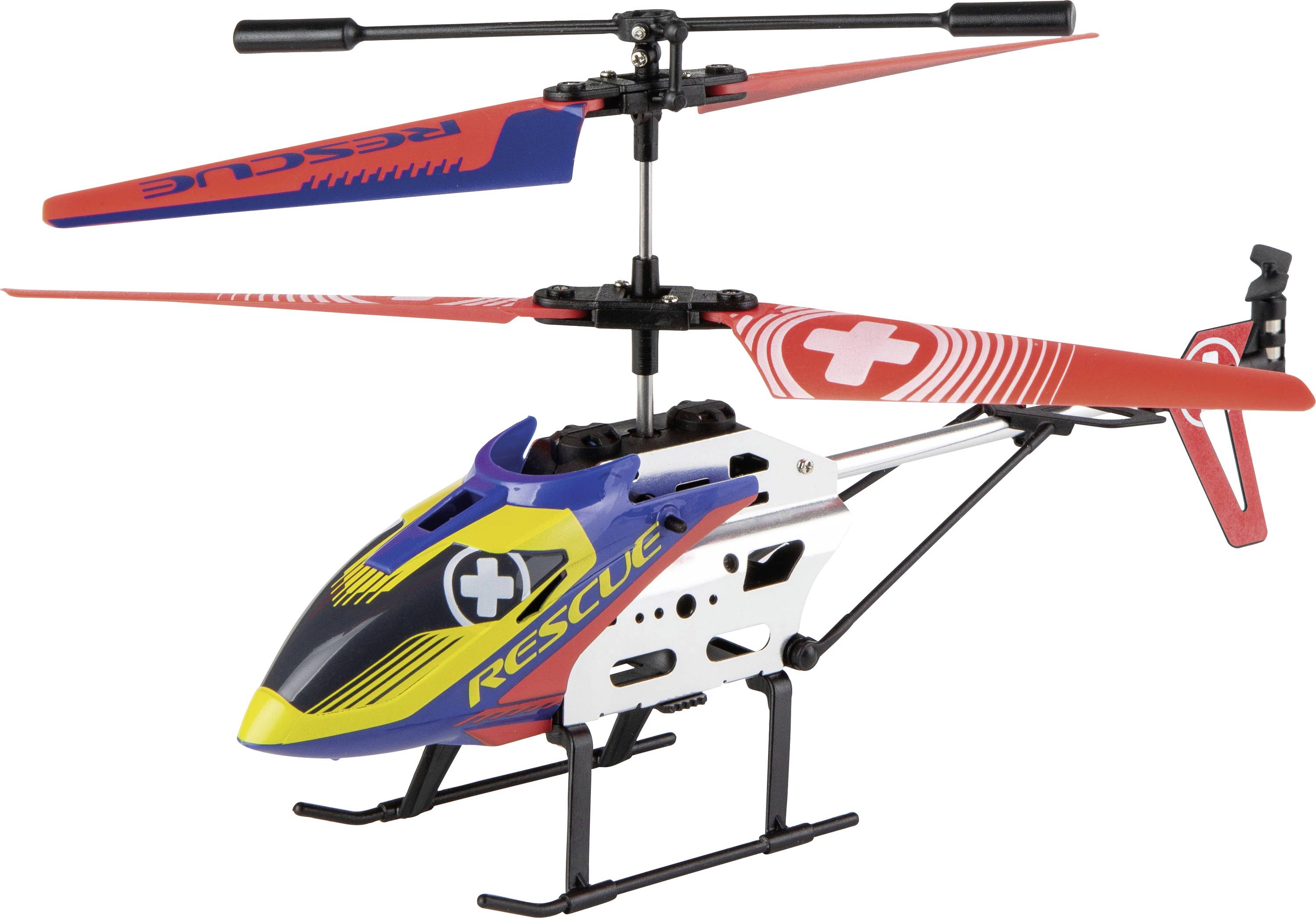 Kolorowy helikopter ratunkowy z motorem zabawkowym z podwójnymi rotorami, czerwonymi i niebieskimi łopatami oraz znakami krzyża szwajcarskiego na białym tle.
