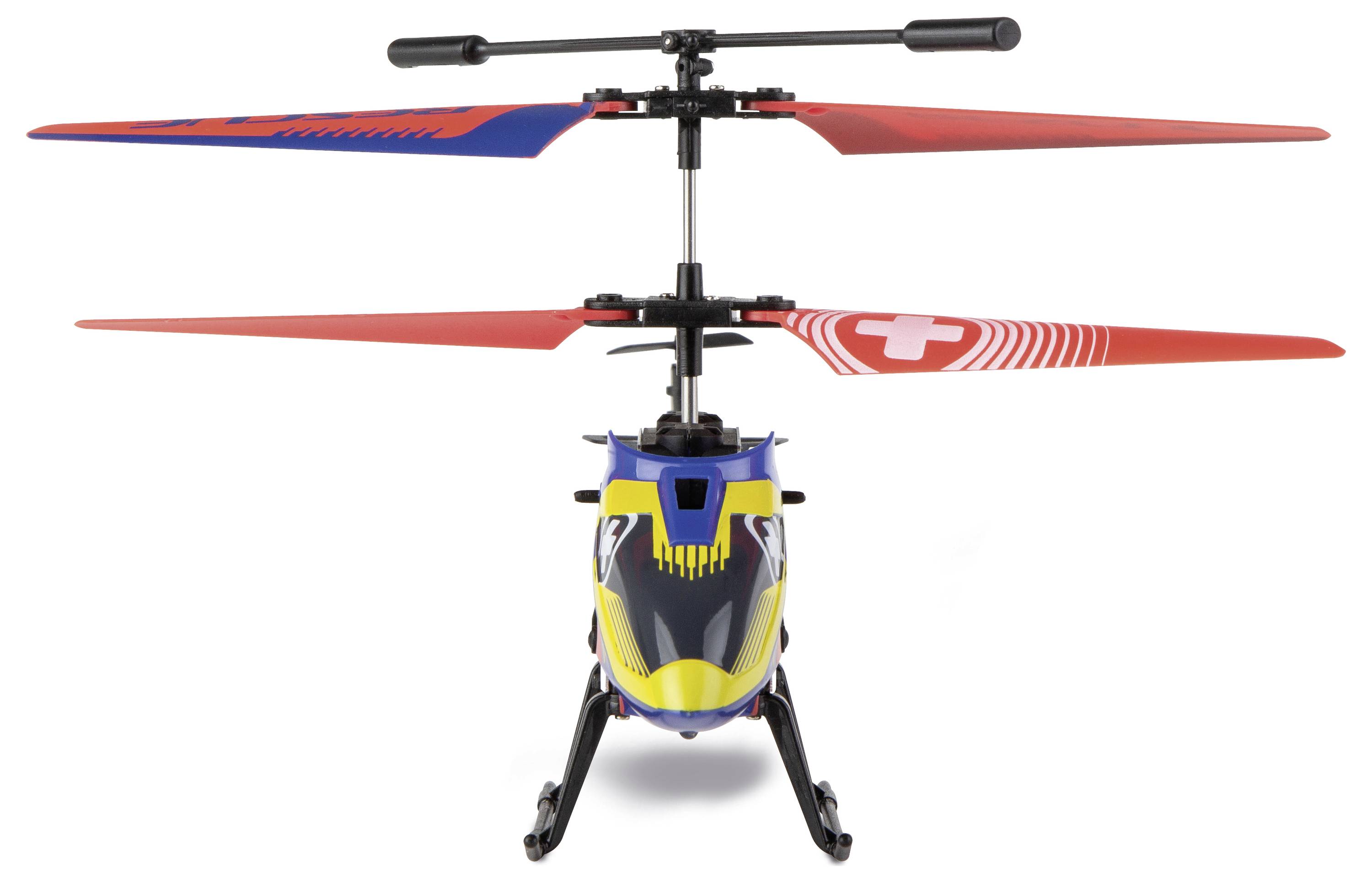 Widok z przodu małego zdalnie sterowanego helikoptera zabawkowego z czerwonymi podwójnymi łopatkami wirnika i niebiesko-żółtym kadłubem na białym tle.