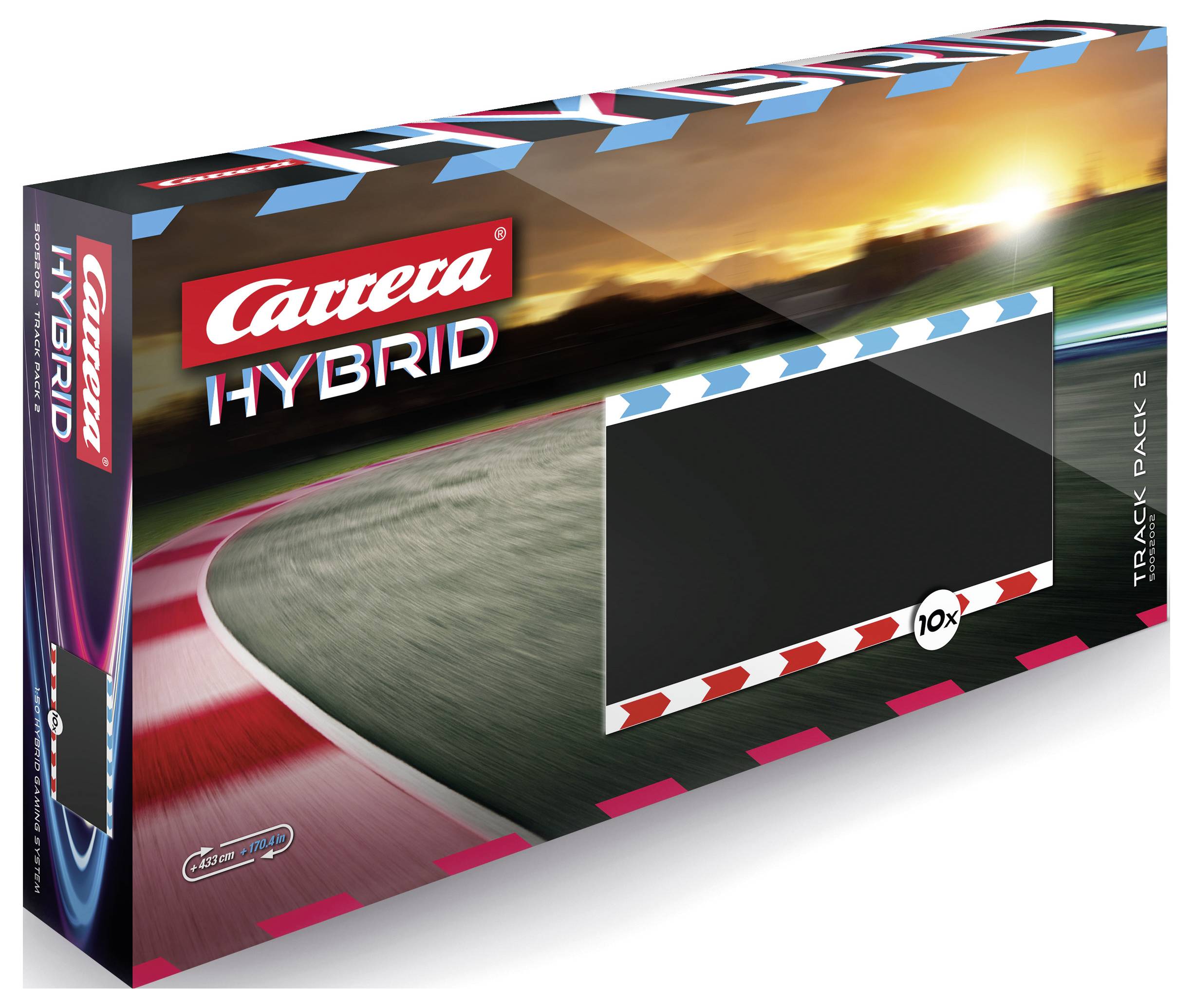 Pudełko zestawu toru wyścigowego Carrera HYBRID z czarnym wyświetlaczem lub modułem, pokazane w perspektywie na białym tle.