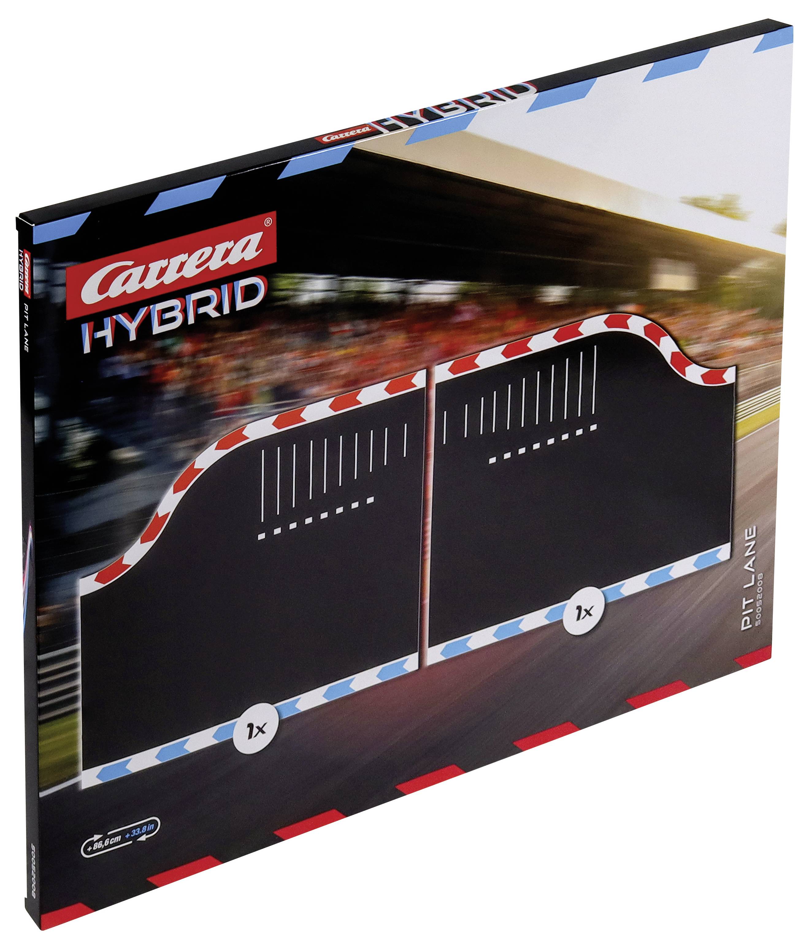 Zestaw torów samochodów miniaturowych Carrera Hybrid z pudełkiem zawierającym dwa czarne elementy toru z czerwonymi i niebieskimi oznaczeniami pasów oraz etykietą „PIT-LANE".