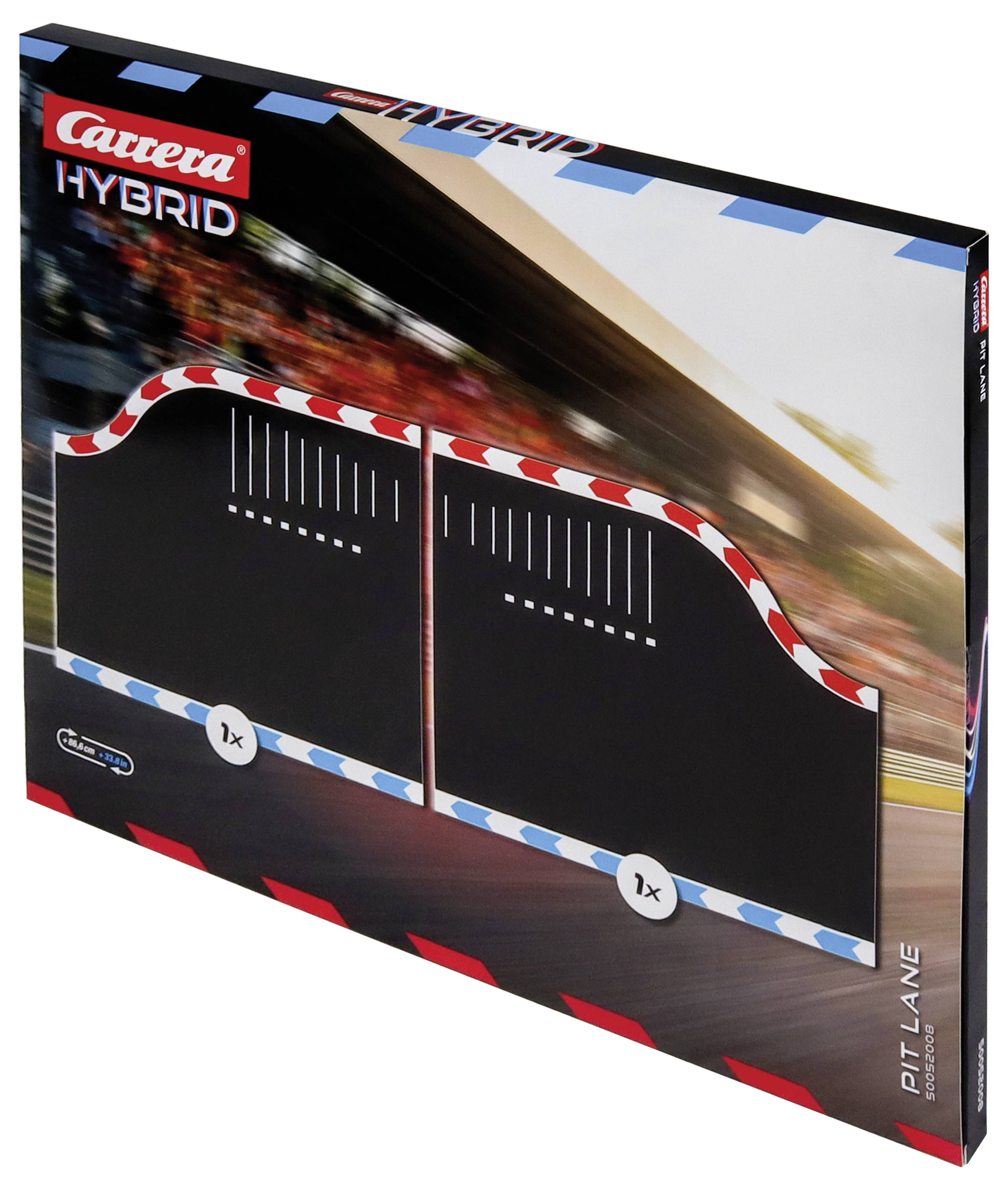 Zestaw do wyścigów Carrera Hybrid na pudełku z grafiką "pit lane" z dwoma czarnymi panelami toru i oznaczeniami "1x" na białym tle.