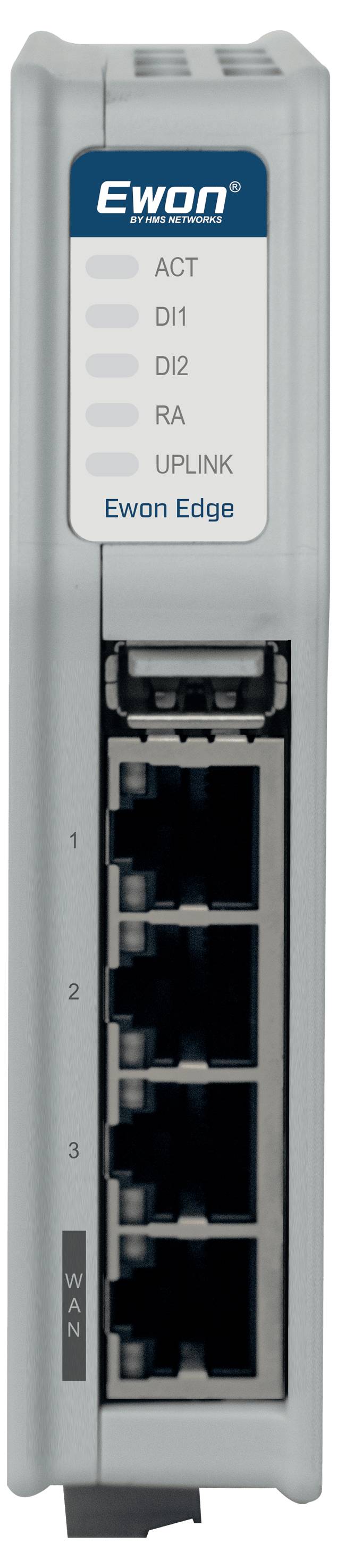 Urządzenie sieciowe przemysłowe Ewon Edge ze wskaźnikami stanu ACT, DI1, DI2, RA, UPLINK oraz czterema portami Ethernet, numerowanymi od 1 do 4.