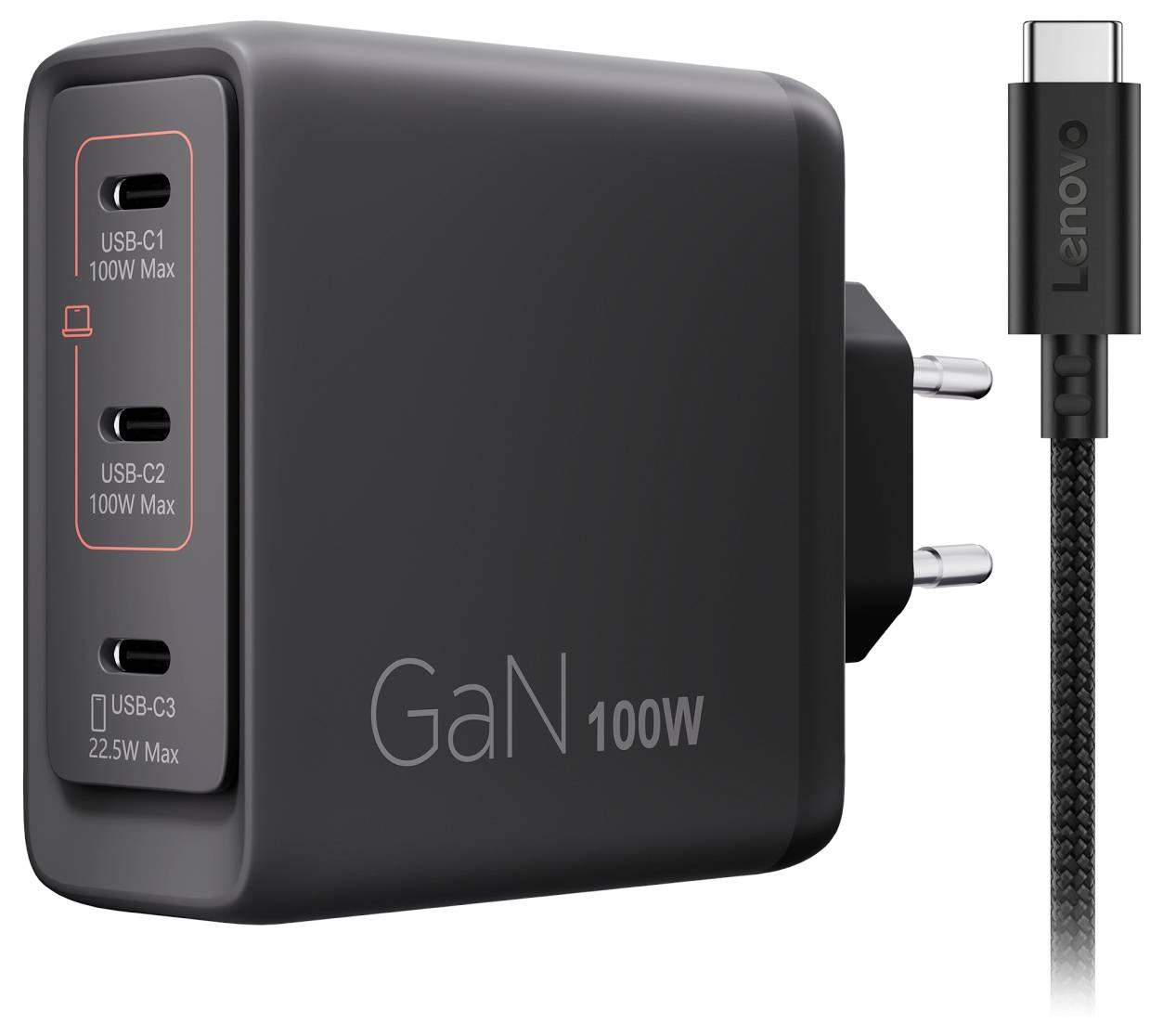 Czarny, zasilacz sieciowy Lenovo GaN 100W z trzema portami USB-C i plecionym kablem USB-C pokazany obok niego.