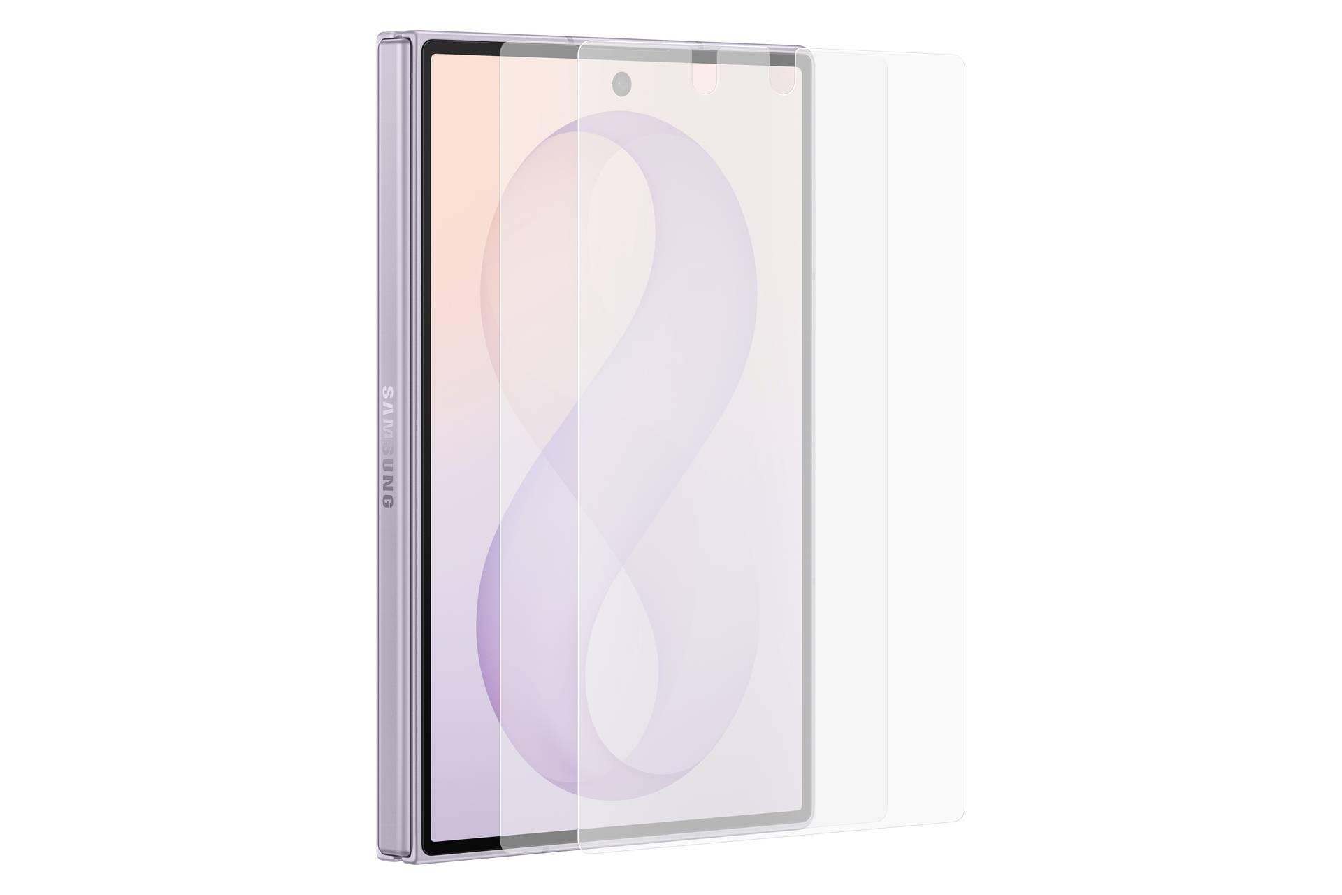 Smartfon pokazany w widoku z przodu i z boku z przezroczystym etui ochronnym lub folią ochronną na ekran warstwą go pokrywającą.