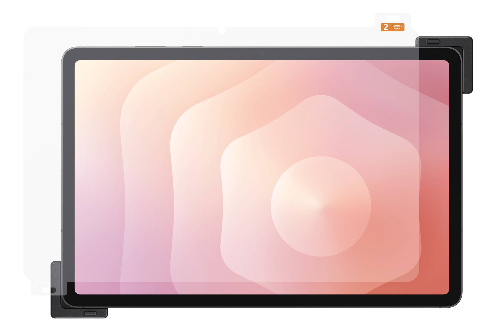 Tablet z różowym abstrakcyjnym tapetą, pokazany w orientacji poziomej z modułem kamery tylnej i małą pomarańczową ikoną karty SIM powyżej niego.
