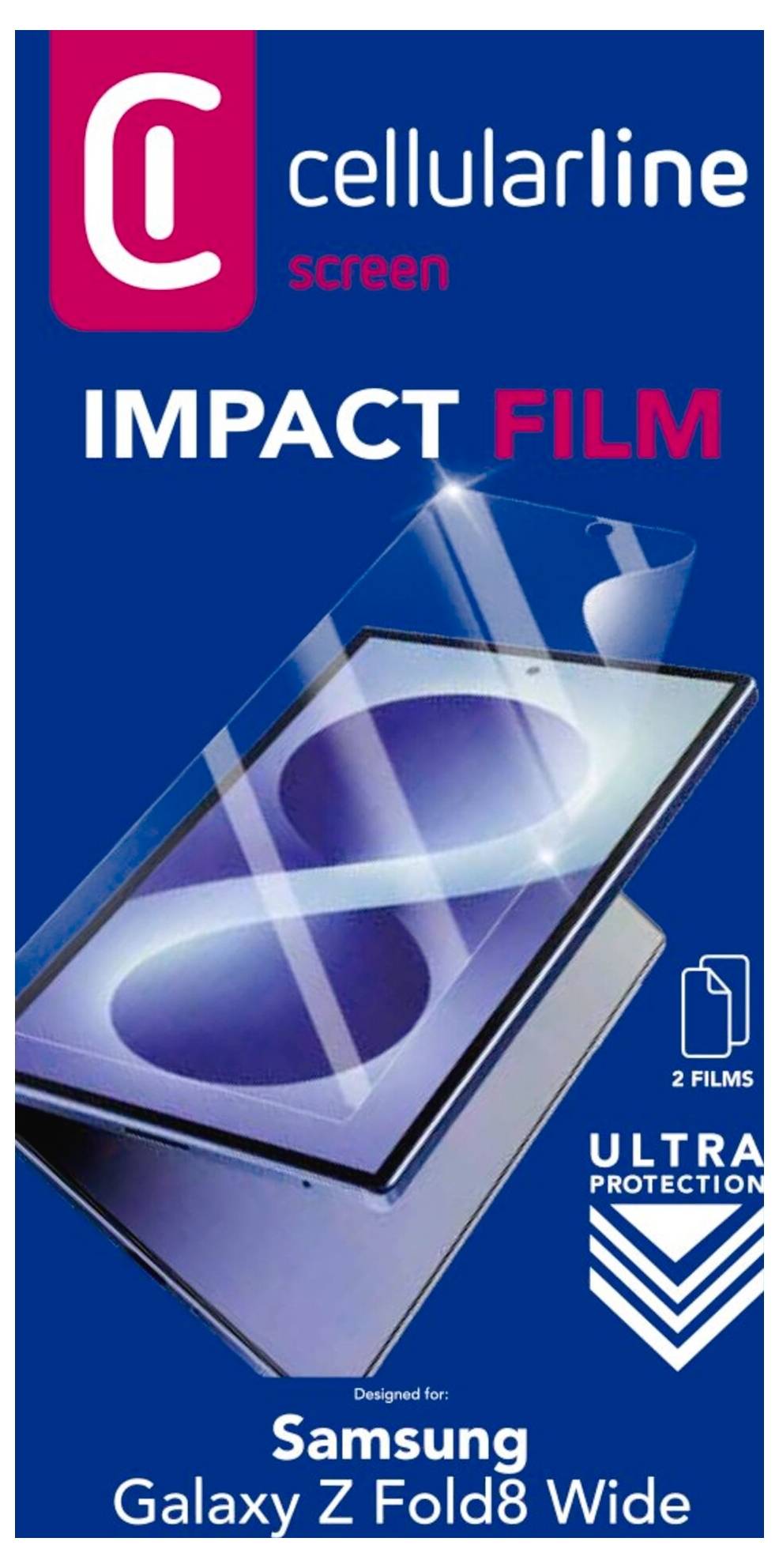 Opakowanie Cellularline Impact Film do ekranu Samsung Galaxy Z Fold8 Wide, prezentujące dwie ultra-ochronne folie ekranowe.