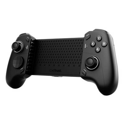 Czarny kontroler gry GXTtrust z uchwytem na telefon, dwoma joystickamidocelowy, krzyżakiem kierunkowym oraz przyciskami ABXY na białym tle.