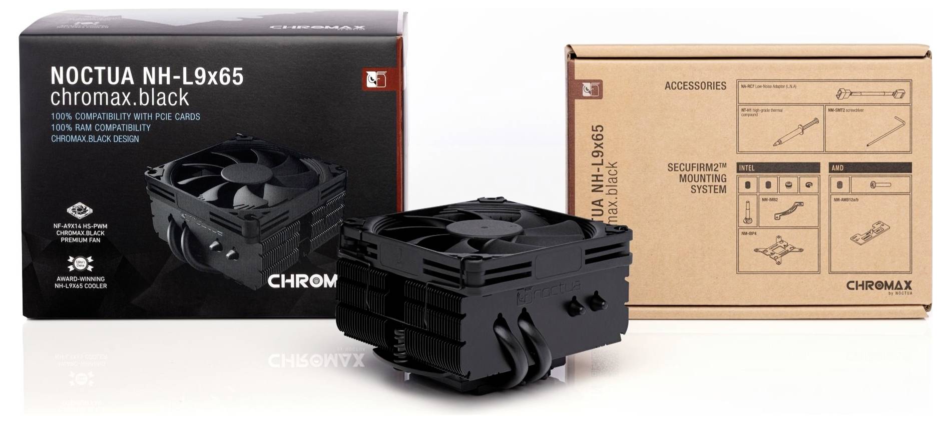 Zdjęcie produktu chłodnicy procesora Noctua NH-L9x65 Chromax.black z dwoma opakowaniami detalicznymi, pokazujące kompaktowy czarny radiator i wentylator.