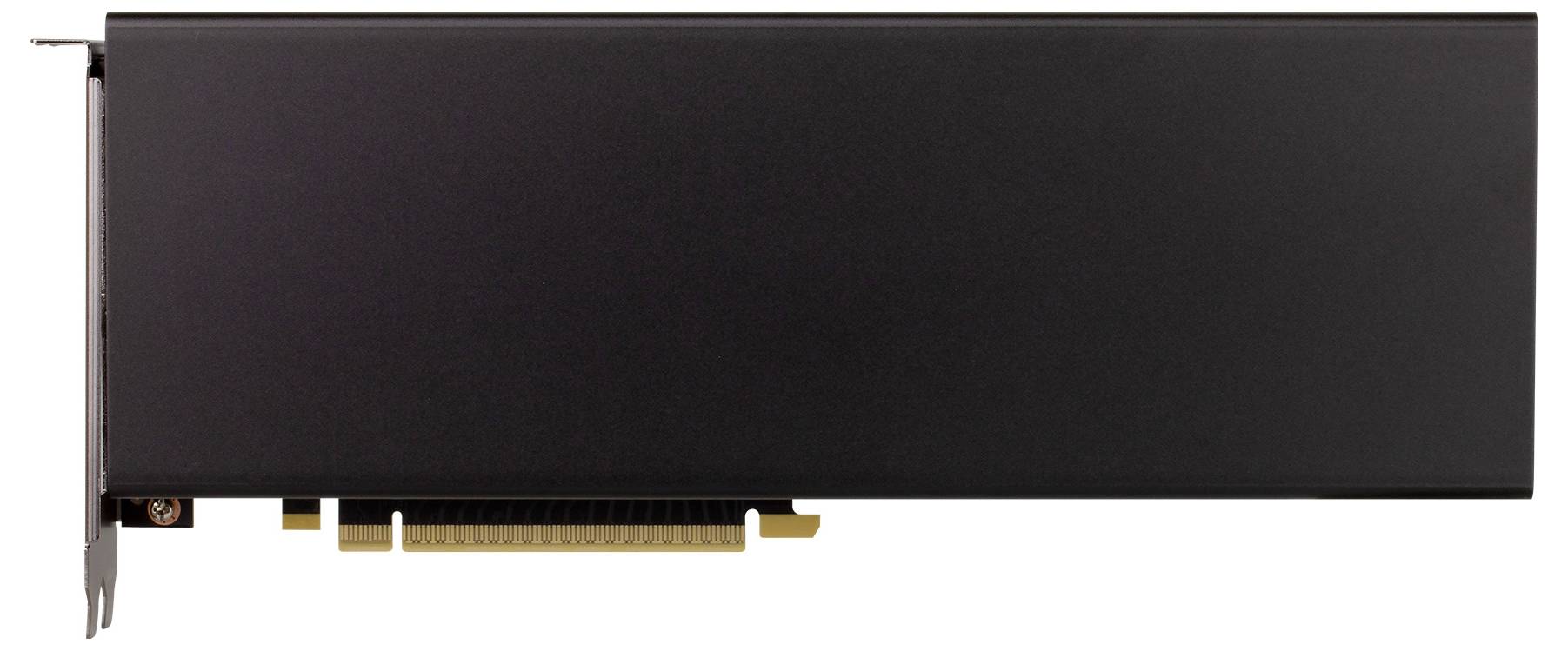 Czarna karta rozszerzeń PCIe z dużym prostokątnym radiatorem i metalowym uchwytem, pokazana w widoku bocznym na białym tle.
