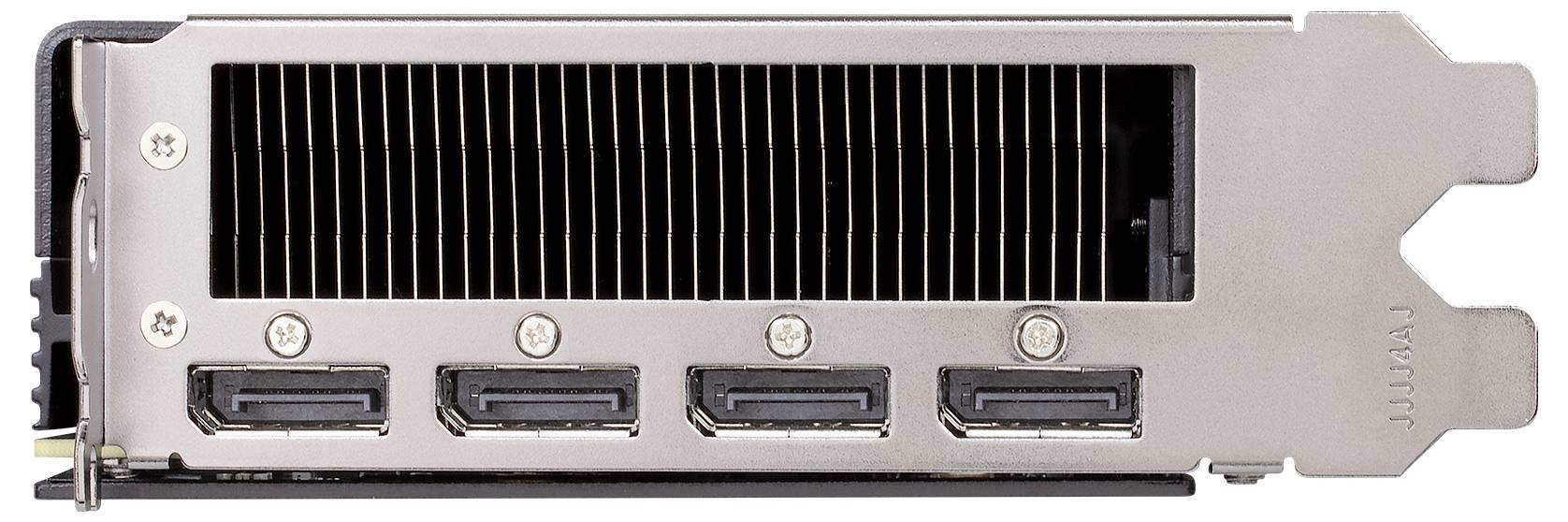 Zbliżenie zakresu karty graficznej komputera z czterema wyjściami DisplayPort i dużym otworem wentylacyjnym.
