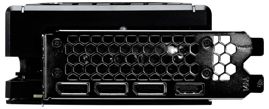 Czarna karta graficzna komputerowa z otworem wentylacyjnym w kształcie plastra miodu, czterema wyjściami DisplayPort i jednym portem HDMI na uchwycie.