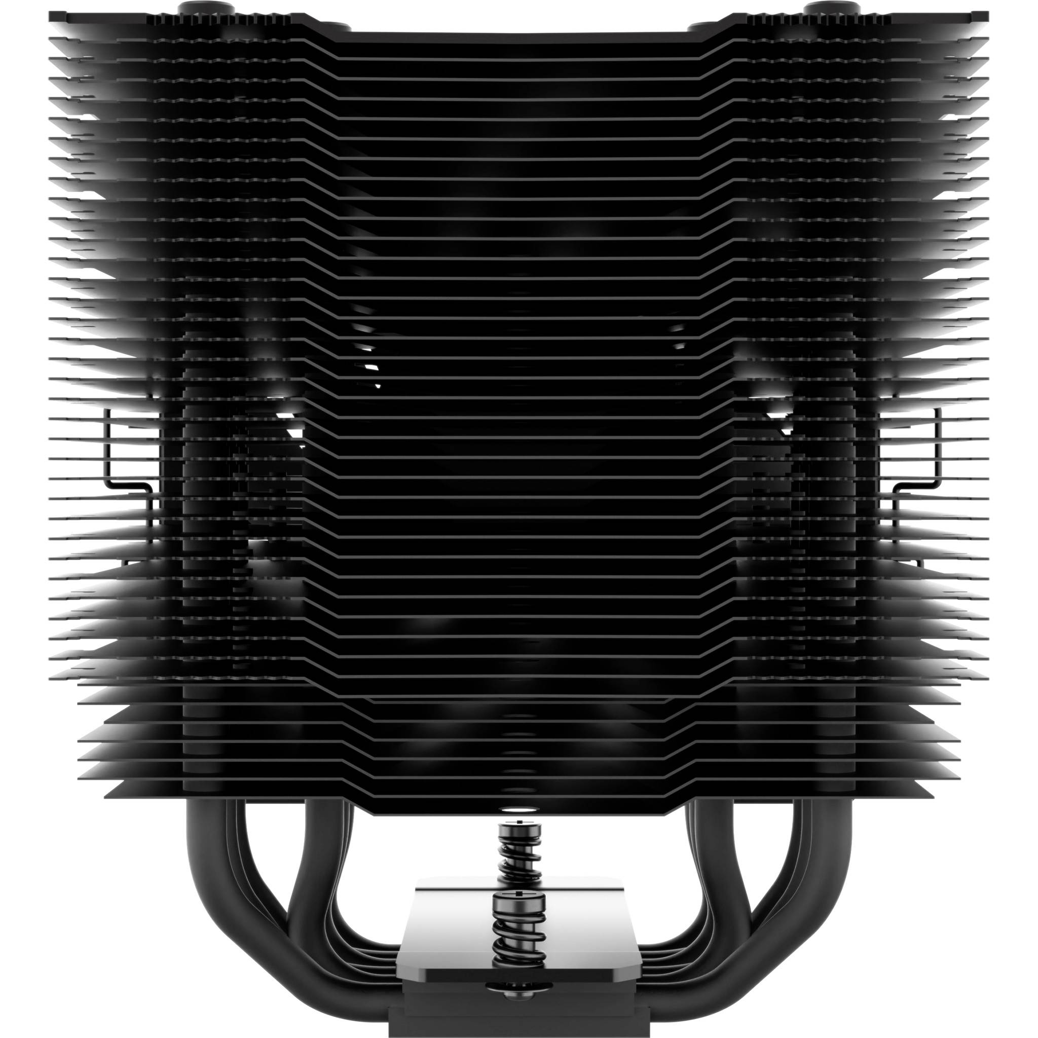 Czarny radiator procesora z gęstymi poziomymi żeberkami i czterema rurkami ciepła na sprężynowanej podstawie na białym tle.