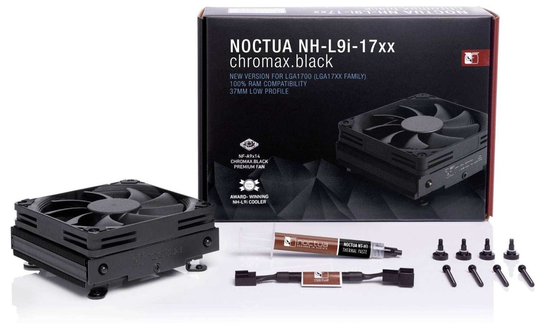 Zestaw chłodzenia procesora Noctua NH-L9i-17xx chromax.black w profilu niskim z wentylatorem, opakowaniem, termopastą, osprzętem montażowym i akcesoriami kablowymi.