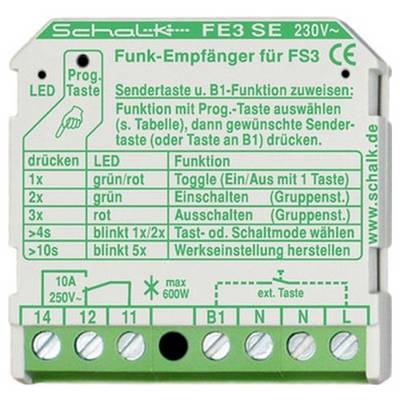 Bezprzewodowy moduł odbiornika Schalk FE3 SE 230V z instrukcjami w języku niemieckim, przyciskiem LED/prog, tabelą funkcji oraz etykietami zacisków 14, 12, 11, B1, N, L.