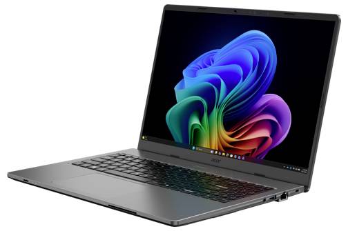 Otwarty laptop Acer z kolorowym abstrakcyjnym tapetą w stylu Windows wyświetlaną na ekranie.