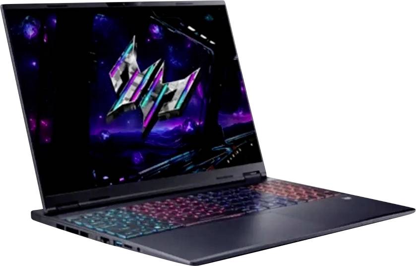 Laptopa do gier z podświetlaną klawiaturą RGB i fioletową neonową abstrakcyjną tapetą na ekranie, pokazaną w widoku pod kątem.