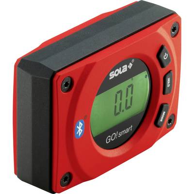 Cyfrowy miernik kątów Red Sola GO!smart z zielonym wyświetlaczem LCD pokazującym 0.0, przyciskami zasilania i trybu oraz ikoną Bluetooth