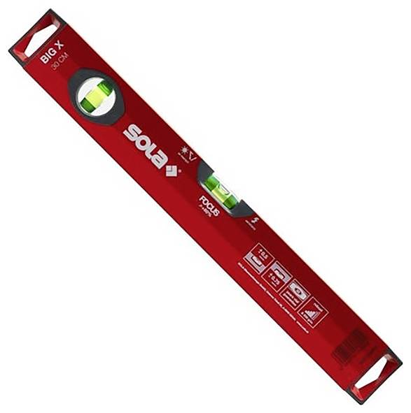 Poziomnica Red Sola w pudełku oznaczonym „BIG X 30 CM" z dwoma fiolkami pęcherzykowa, pokazana ukośnie na białym tle.