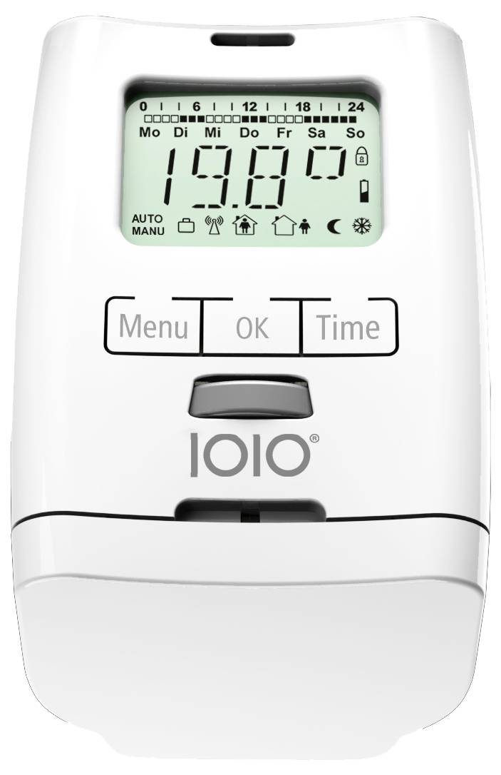 Biały cyfrowy termostat wyświetlający 19,0°C, z przyciskami Menu, OK i Time oraz wyświetlaczem dni tygodnia/czasu na ekranie.