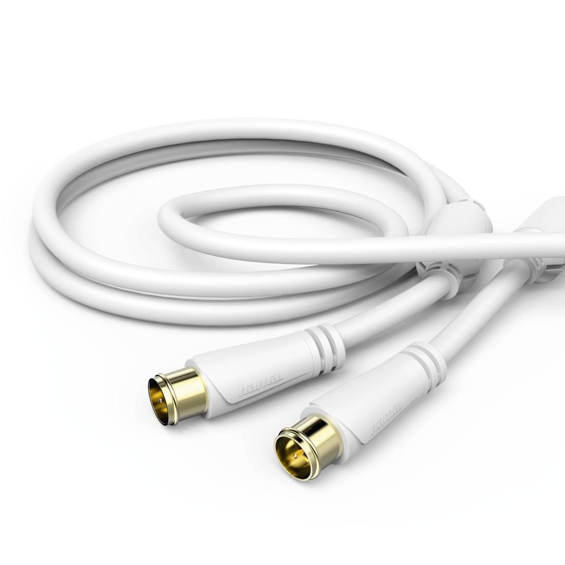 Zwinięty biały kabel z dwoma pozłacanymi złączami współosiowymi na zwykłym białym tle.