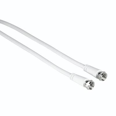 Dwa białe kable koaksjalne z metalowymi złączkami gwintowanymi na zwykłym tle.