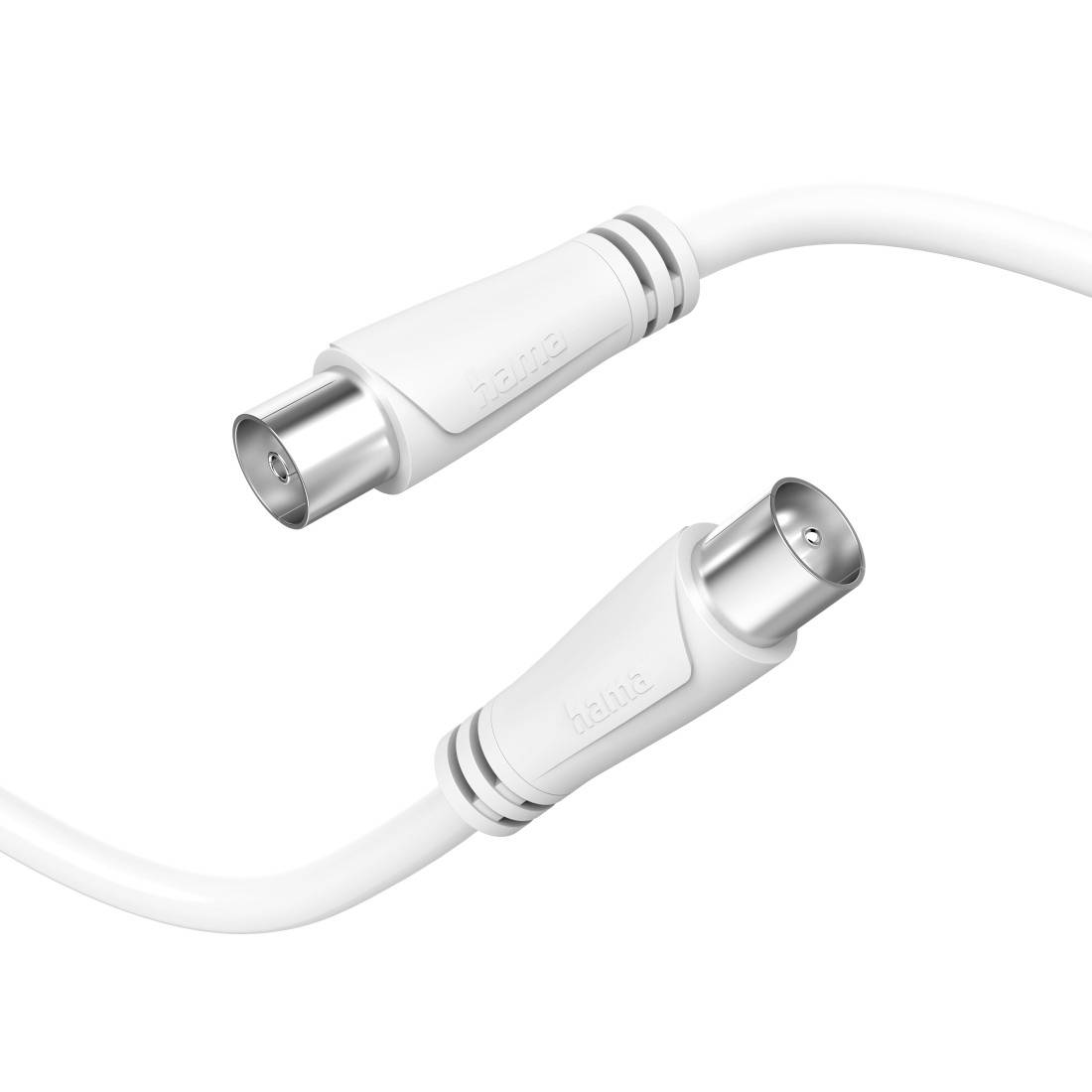 Biały kabel coaxialny z męskimi i żeńskimi złączami pokazanymi rozłączonymi na zwykłym tle.