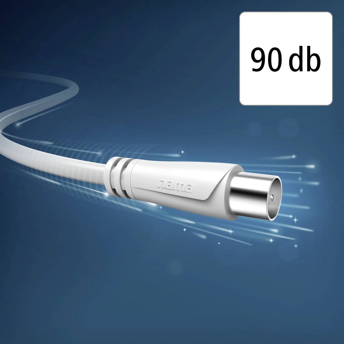 Biały kabel audio z metalowym złączem na niebieskim tle, etykietą "90 db" w prawym górnym rogu.