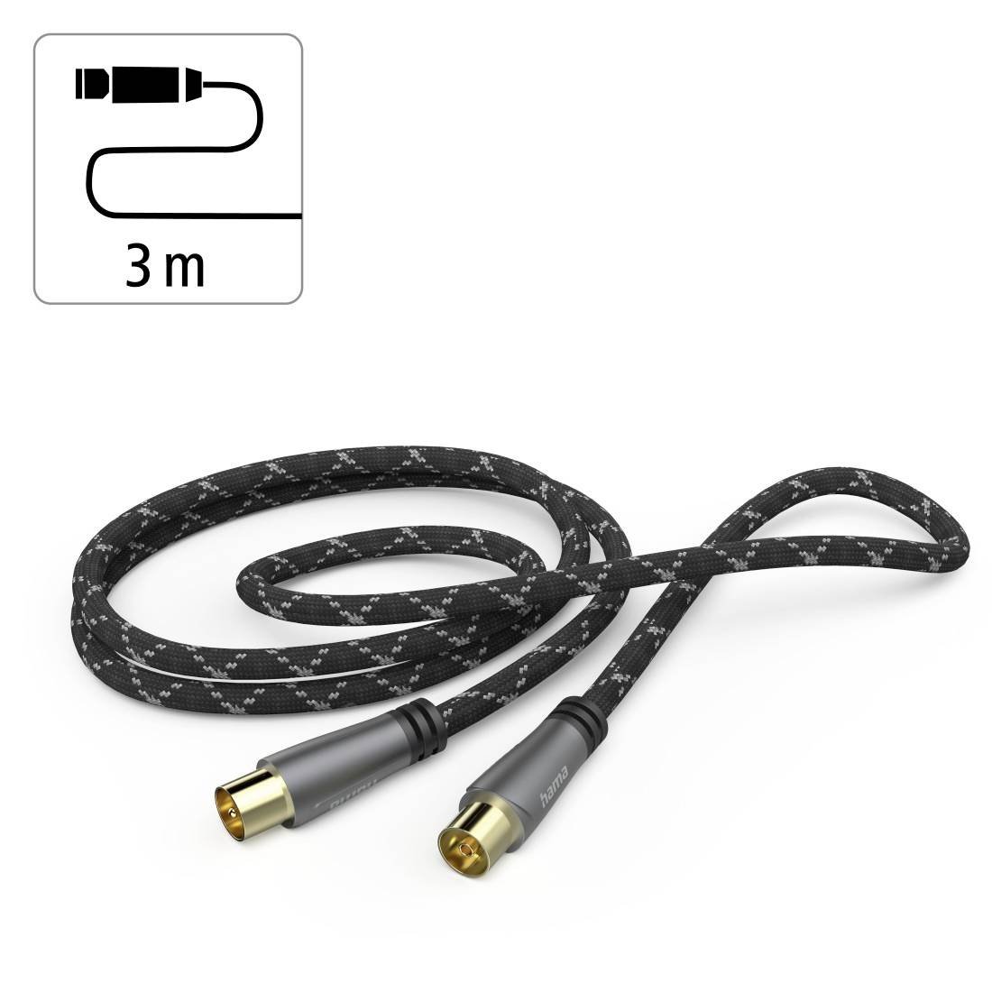 Kabel audio pleciony o długości 3 m z dwoma pozłacanymi złączami RCA, pokazany zwinięty na białym tle.