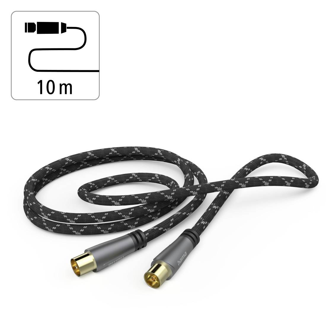 Kabel audio oplotkowy o długości 10 m z dwoma pozłacanymi złączami typu RCA; ikona wskazuje długość 10 metrów.