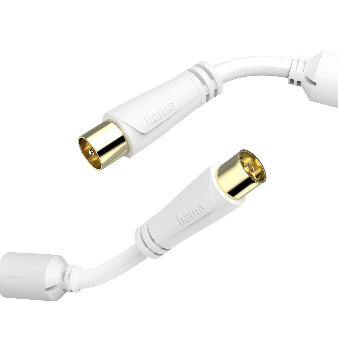 Biały kabel koncentryczny ze złoconymi złączami męskim i żeńskim pokazany na białym tle.
