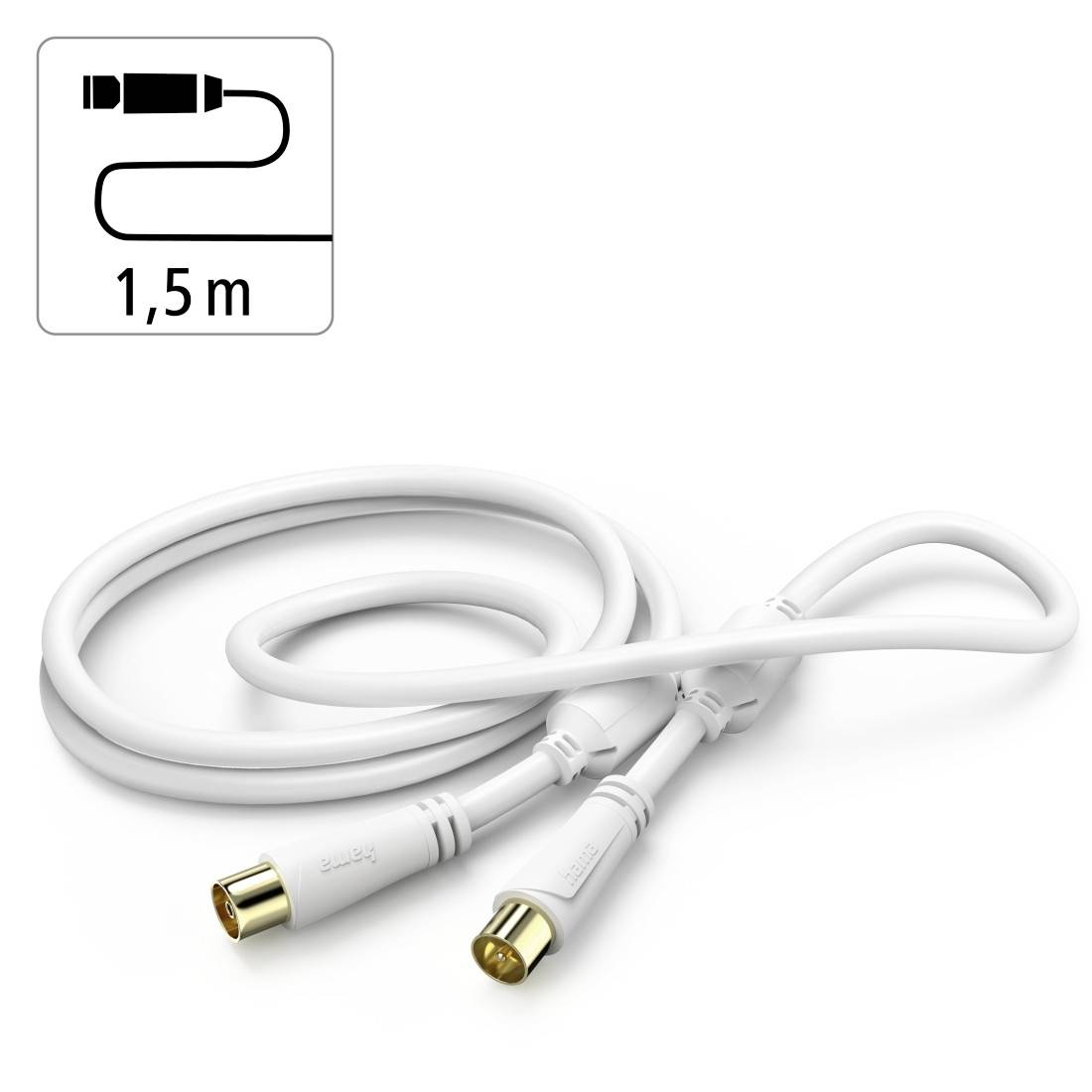 Biały kabel koaksjalny o długości 1,5 m ze złoconymi wtyczkami, pokazany zwinięty na białym tle.