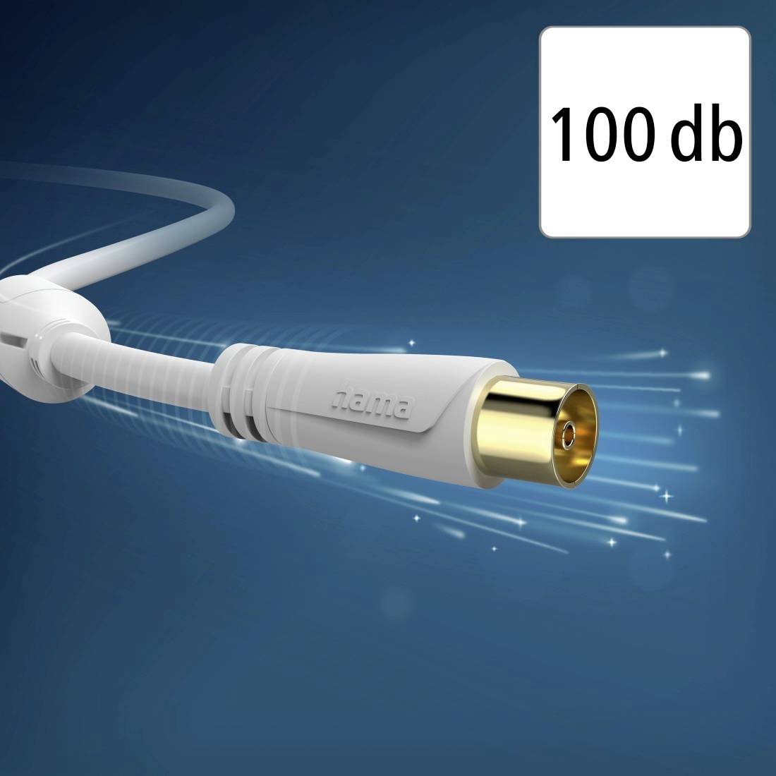 Biały kabel audio ze złączem w kolorze złota na niebieskim tle, oznaczony "100 db"