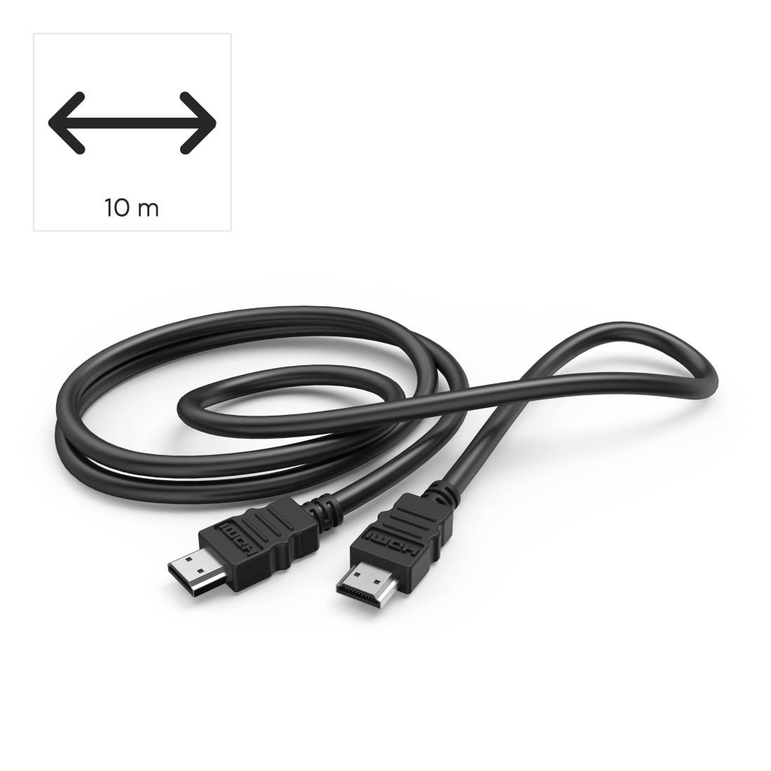 Czarny kabel HDMI o długości 10 m z dwoma złączami, pokazany zwinięty na białym tle ze strzałką dwukierunkową wskazującą długość.