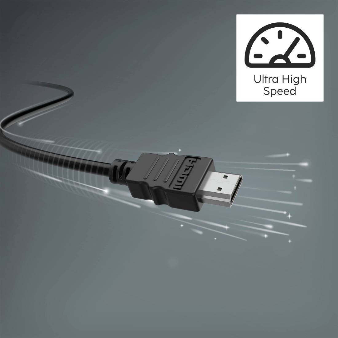 Ilustracja wysokoprędkościowego kabla HDMI i złącza ze śladami ruchu, oznaczona jako "Ultra High Speed"