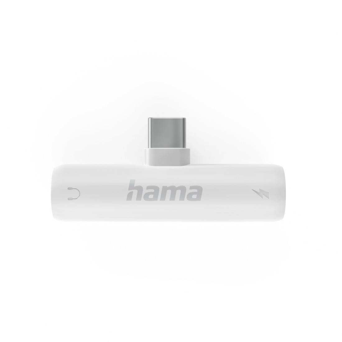 Biały adapter/konwerter Hama USB-C z wtyczką USB-C typu męskiego na górze i cylindryczną obudową z logo.