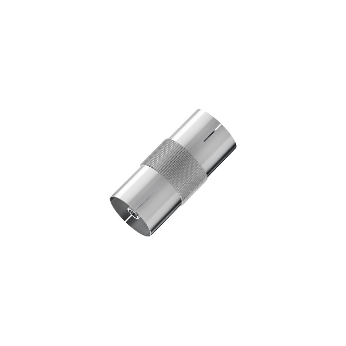 Srebrny cylindryczny metalowy adapter złączniowy z fakturowaną taśmą uchwytu, pokazany na zwykłym białym tle.