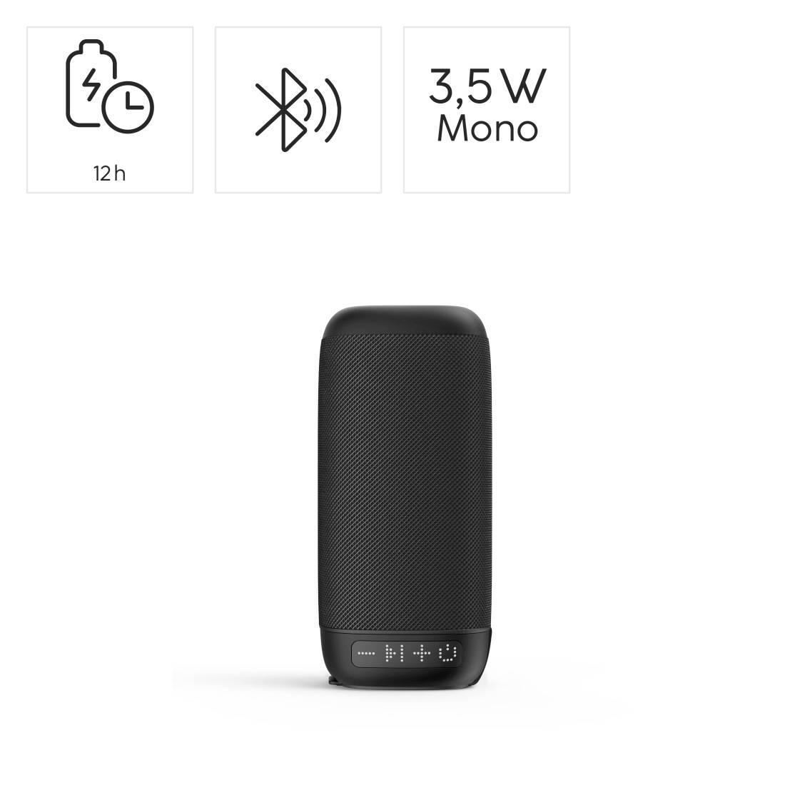 Czarny przenośny głośnik Bluetooth z 12-godzinną żywotnością baterii i monofonicznym dźwiękiem 3,5W prezentowany z ikonami funkcji.