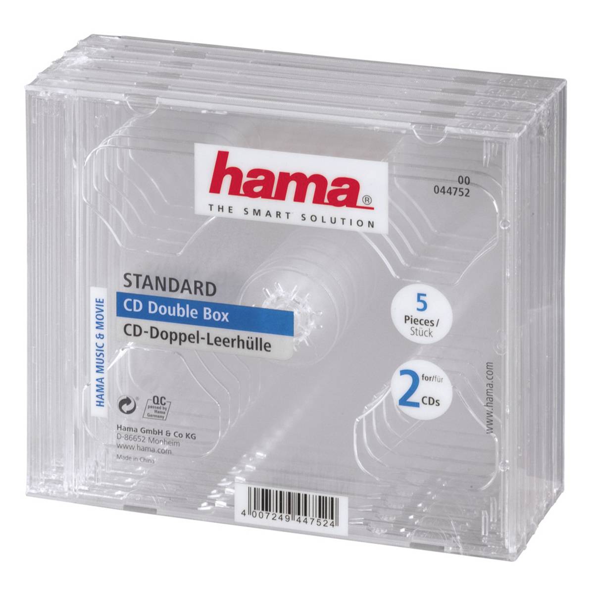 Przezroczyste plastikowe standardowe pudełka podwójne na płyty CD marki Hama, opakowanie oznaczone na 5 sztuk i 2 płyty CD, widok od przodu.