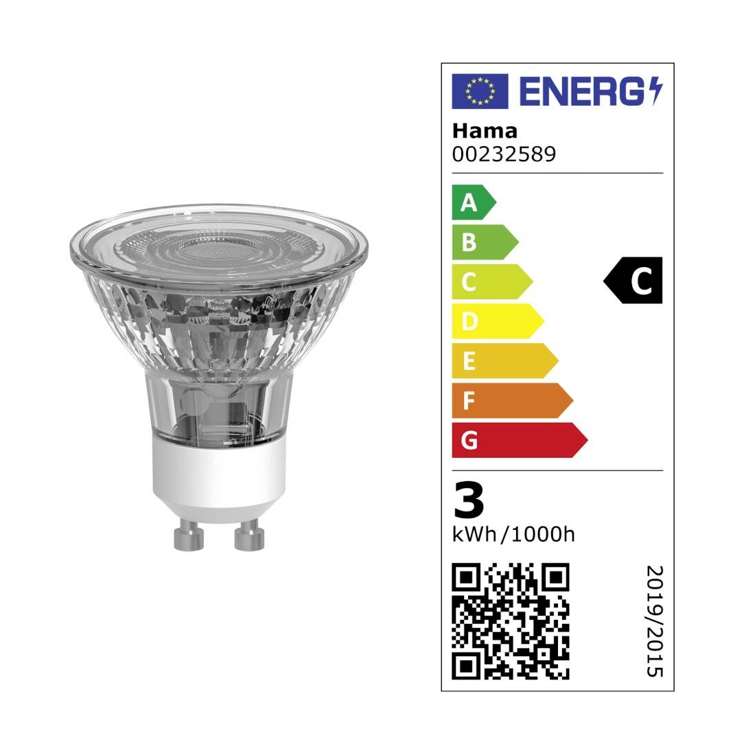 Żarówka reflektorowa LED z etykietą energetyczną UE pokazującą klasę efektywności energetycznej C i zużycie energii 3 kWh/1000h.