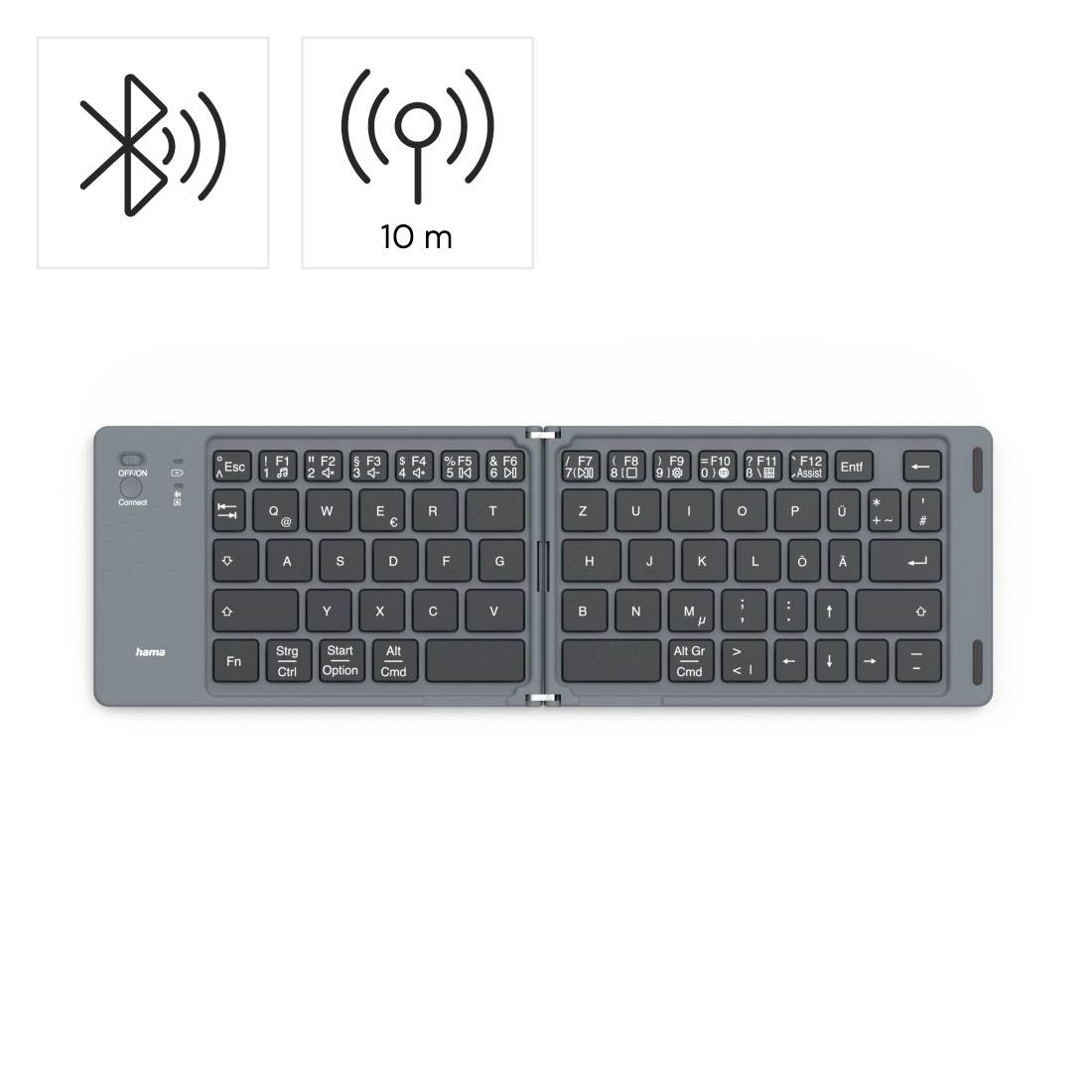 Składana klawiatura bezprzewodowa z ikoną Bluetooth i etykietą zasięgu 10 m wyświetlaną powyżej klawiatury.