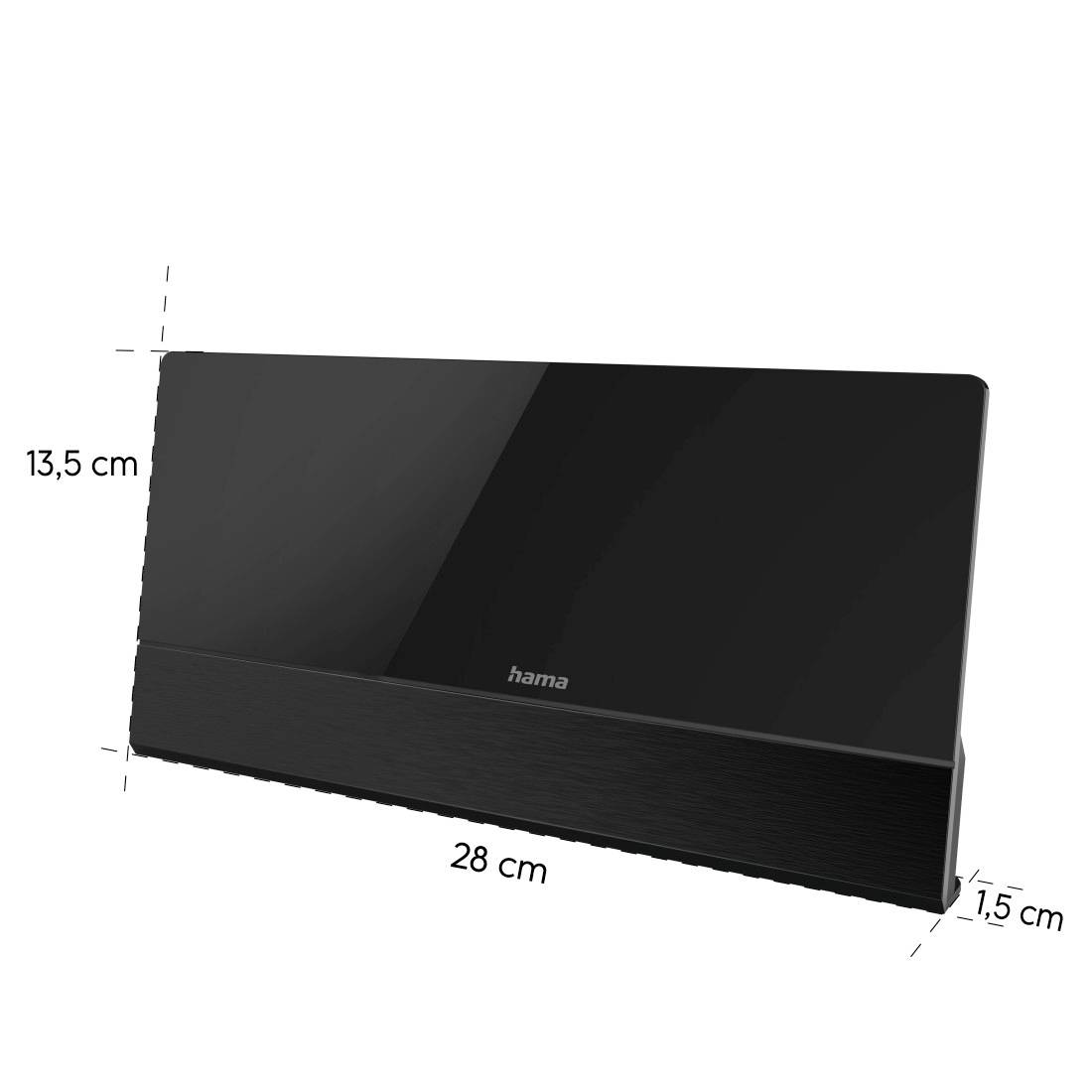 Obraz produktu czarnego urządzenia Hama pokazany pod kątem z oznaczonymi wymiarami: 28 cm szerokości, 13,5 cm wysokości i 1,5 cm głębokości.