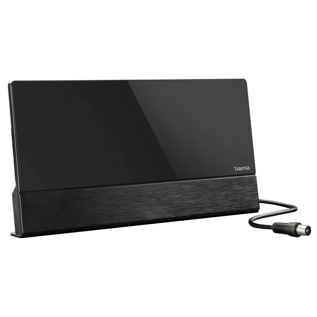 Czarna elektroniczna urządzenie marki Hama lub panel anteny z dołączonym kablem współosiowym, pokazany na białym tle.