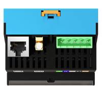 Zbliżenie modułu sterowania elektronicznego z niebieskim pokryciem, portem Ethernet, zieloną szyną zaciskową i lampkami wskaźnikowymi na czarnej podstawie.
